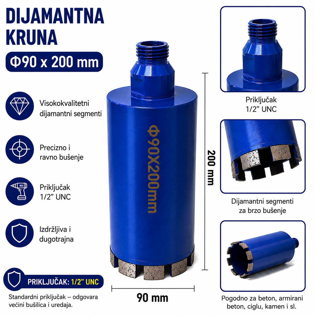 Dijamantna Kruna 1/2" UNC za Beton, Armirani Beton, Ciglu i Kamen | 14–120 mm