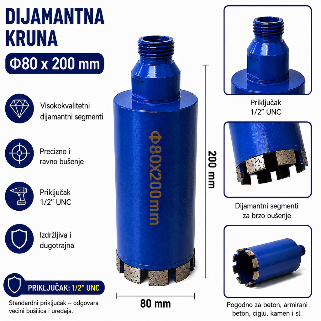 Dijamantna Kruna 1/2" UNC za Beton, Armirani Beton, Ciglu i Kamen | 14–120 mm