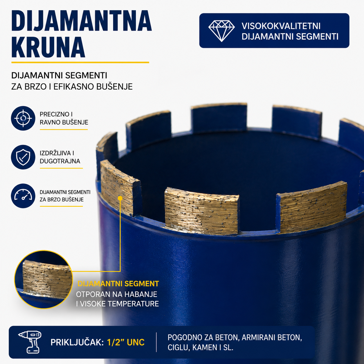 Dijamantna Kruna 1/2" UNC za Beton, Armirani Beton, Ciglu i Kamen | 14–120 mm
