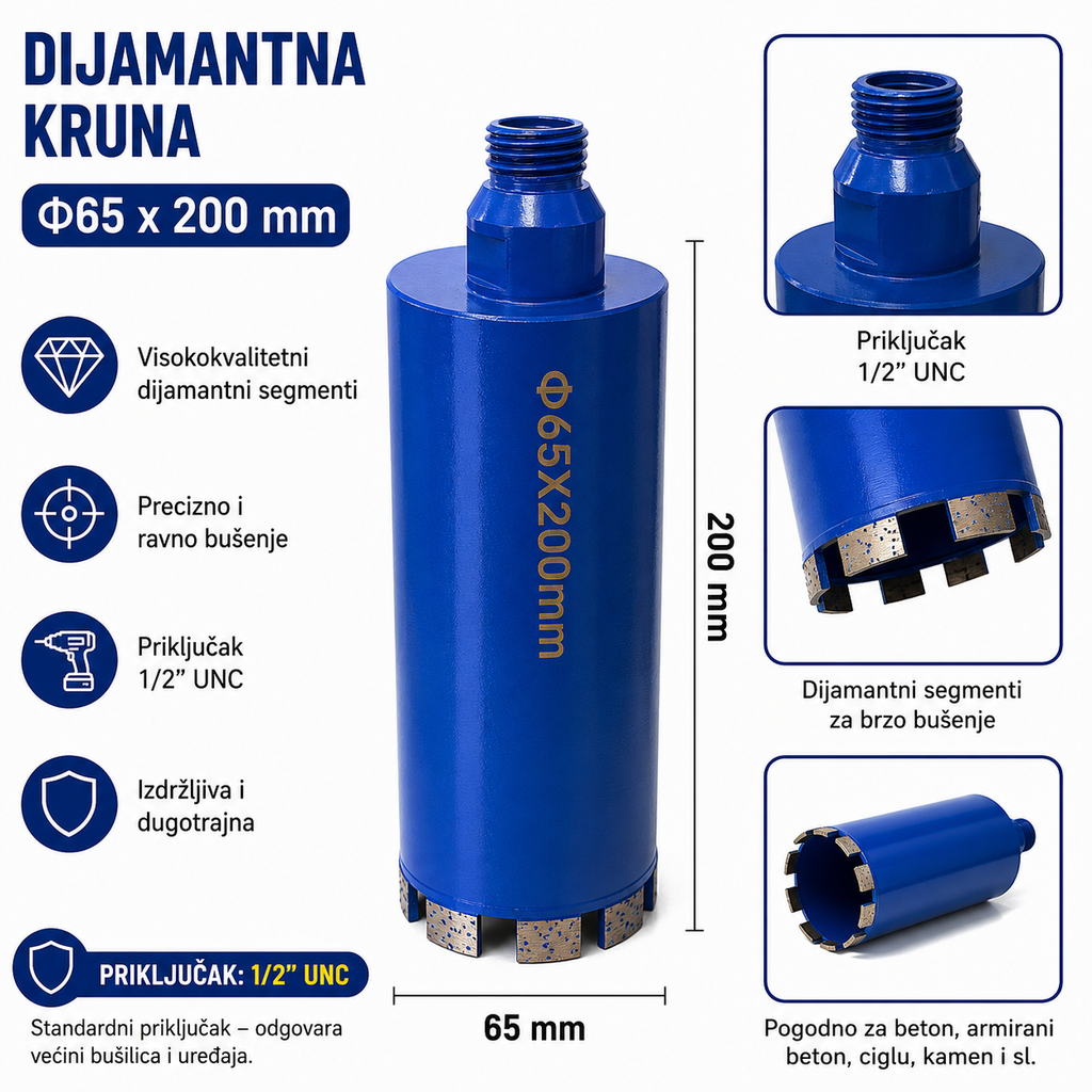Dijamantna Kruna 1/2" UNC za Beton, Armirani Beton, Ciglu i Kamen | 14–120 mm