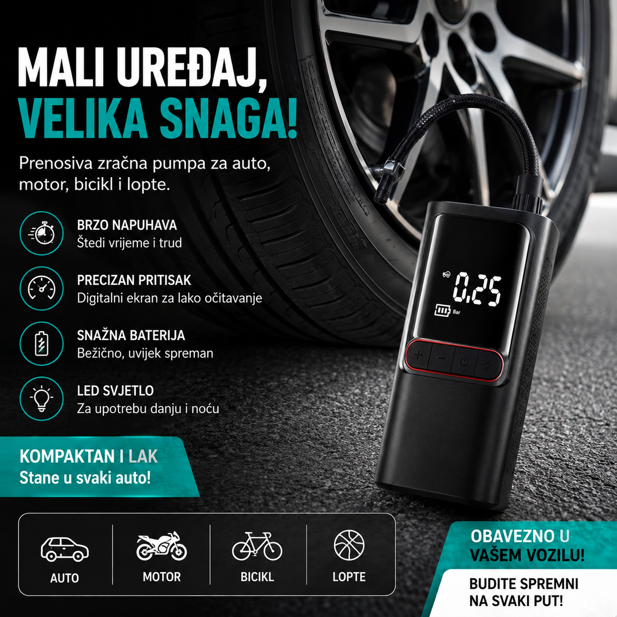 Bežični Digitalni Kompresor za Gume – Pametna Auto Pumpa sa LED Svjetlom