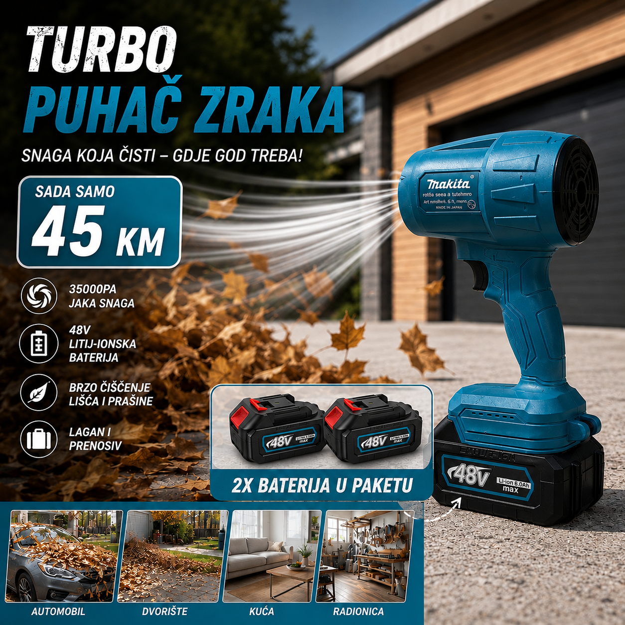 Aku Turbo Puhač Zraka 48V sa 2 Baterije