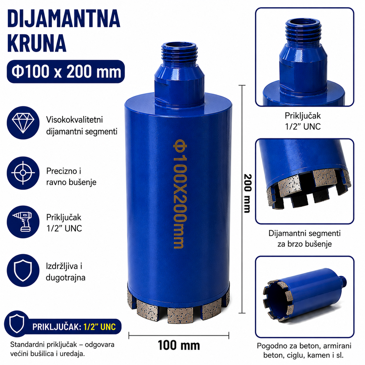 Dijamantna Kruna 1/2" UNC za Beton, Armirani Beton, Ciglu i Kamen | 14–120 mm