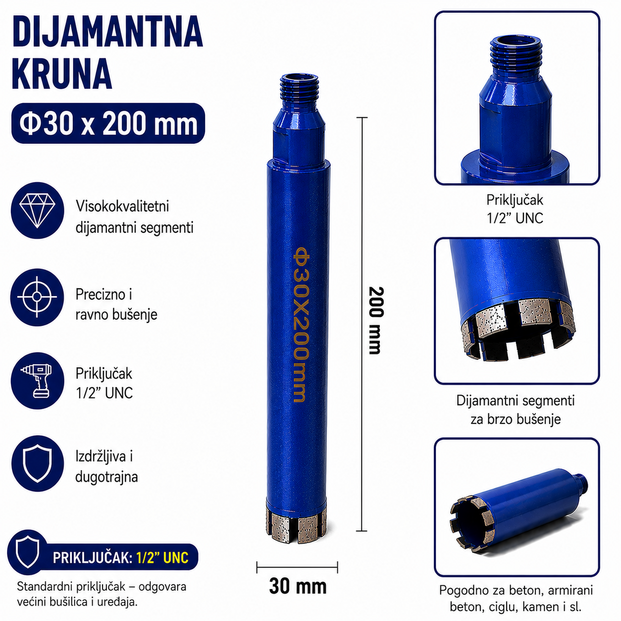 Dijamantna Kruna 1/2" UNC za Beton, Armirani Beton, Ciglu i Kamen | 14–120 mm