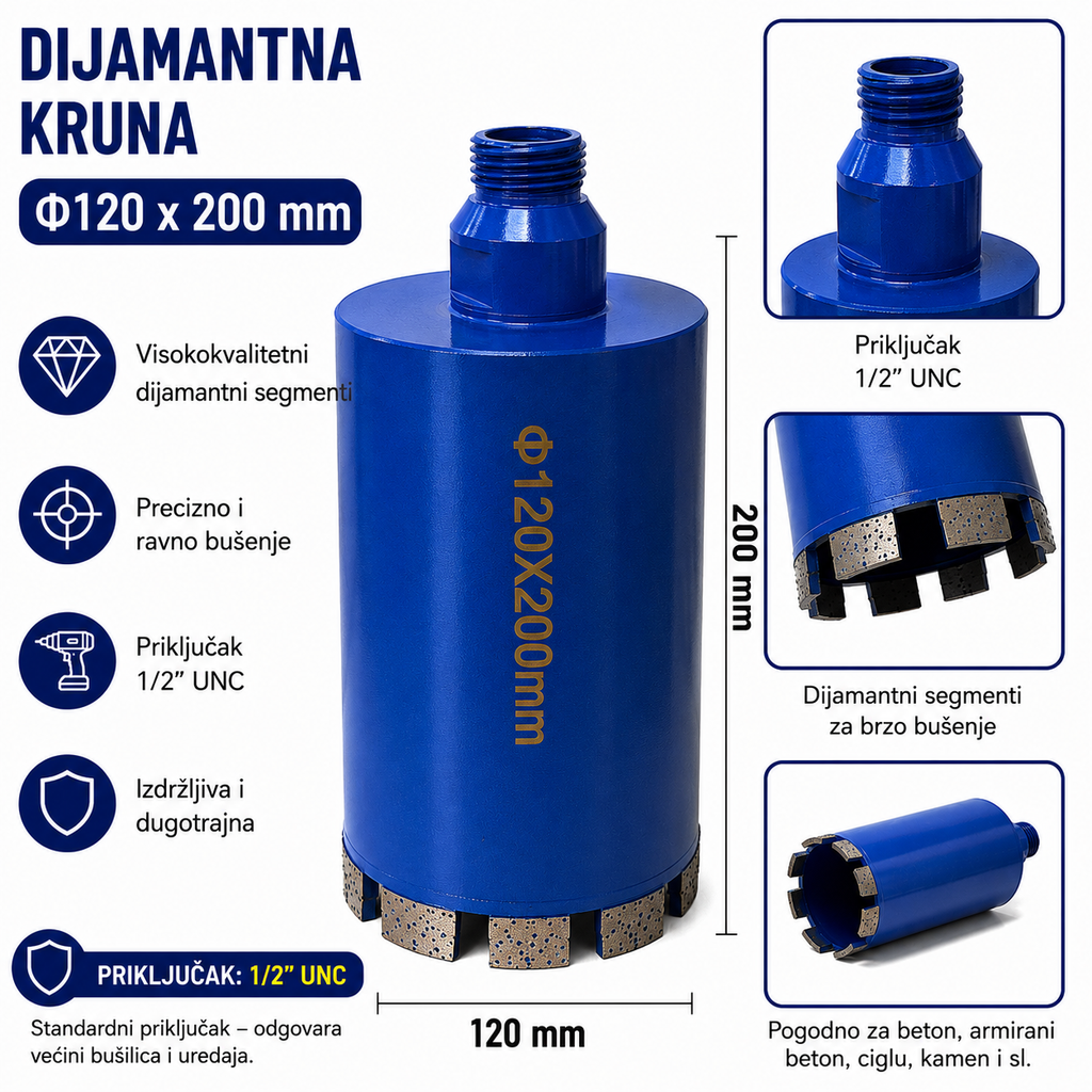 Dijamantna Kruna 1/2" UNC za Beton, Armirani Beton, Ciglu i Kamen | 14–120 mm
