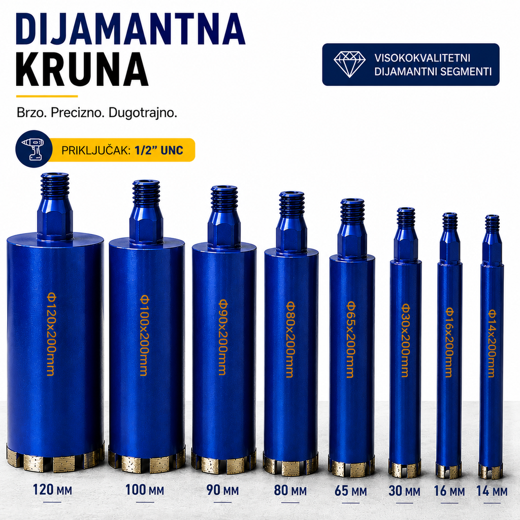 Dijamantna Kruna 1/2" UNC za Beton, Armirani Beton, Ciglu i Kamen | 14–120 mm