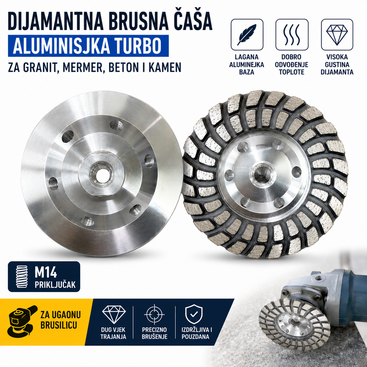 Dijamantna Brusna Čaša Turbo za Granit, Mermer, Beton i Kamen | M14 Aluminijska Baza