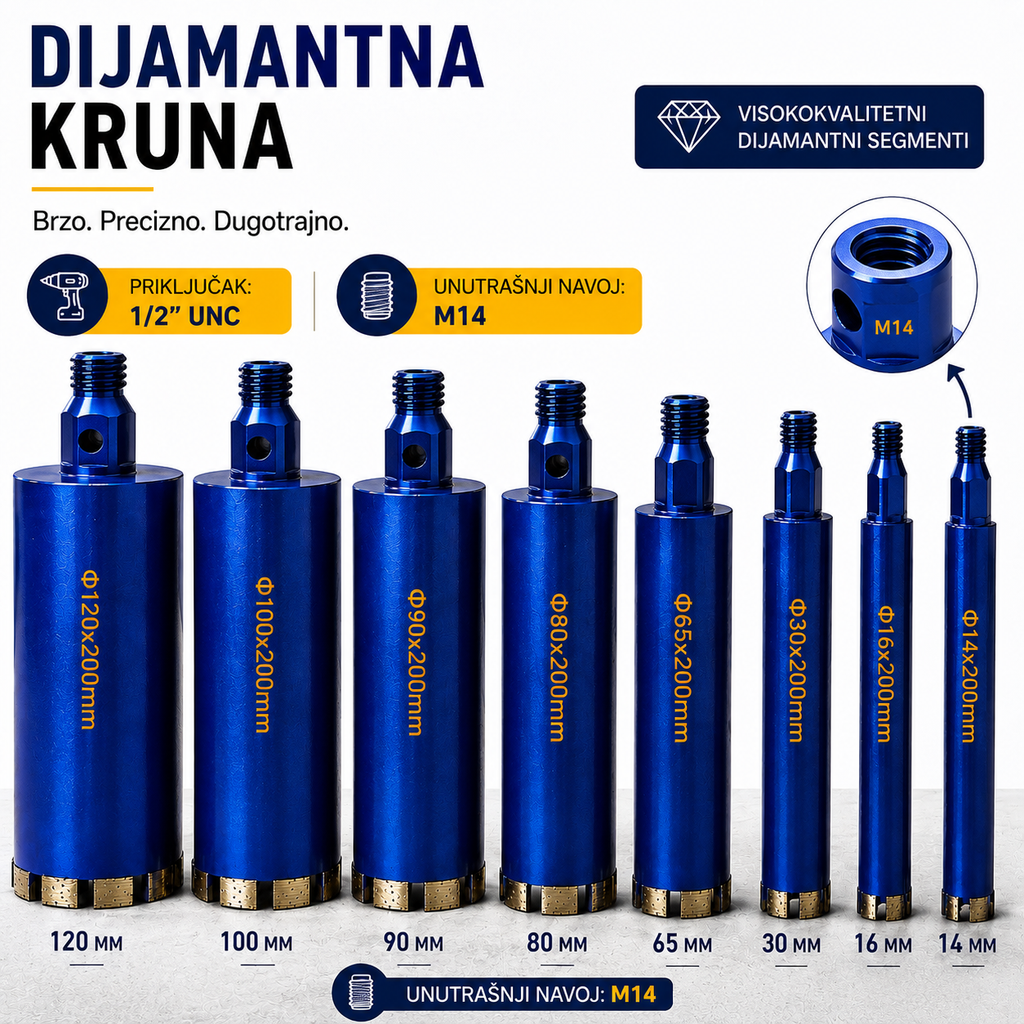 Dijamantna Kruna 1/2" UNC za Beton, Armirani Beton, Ciglu i Kamen | 14–120 mm