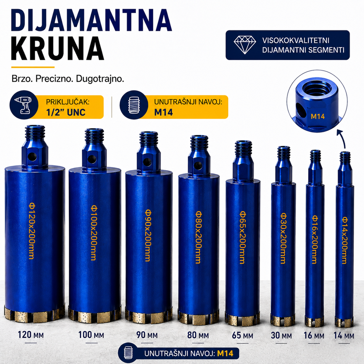 Dijamantna Kruna 1/2" UNC za Beton, Armirani Beton, Ciglu i Kamen | 14–120 mm