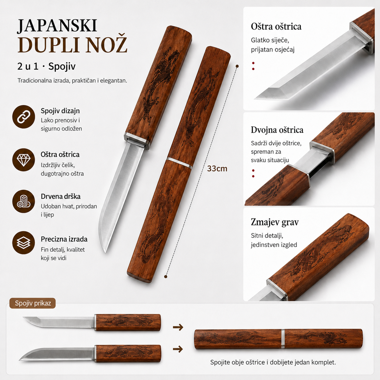 Japanski kratki nož sa drvenom futrolom F140