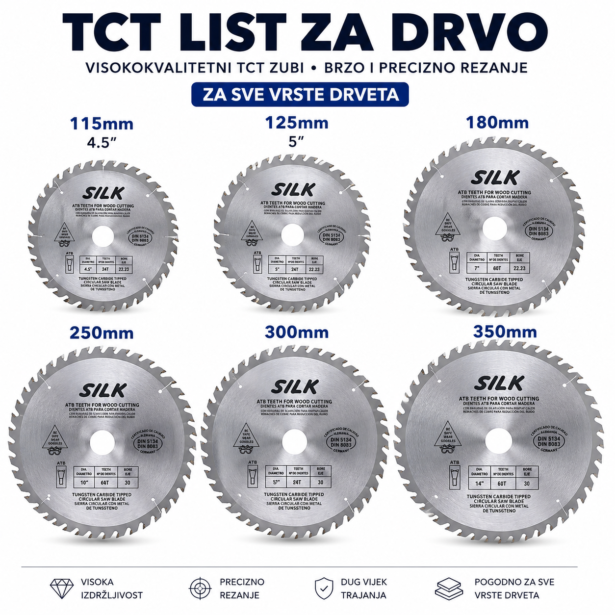TCT Cirkularni List za Drvo | Dostupne Dimenzije 115–600 mm (4.5″–24″ inča)
