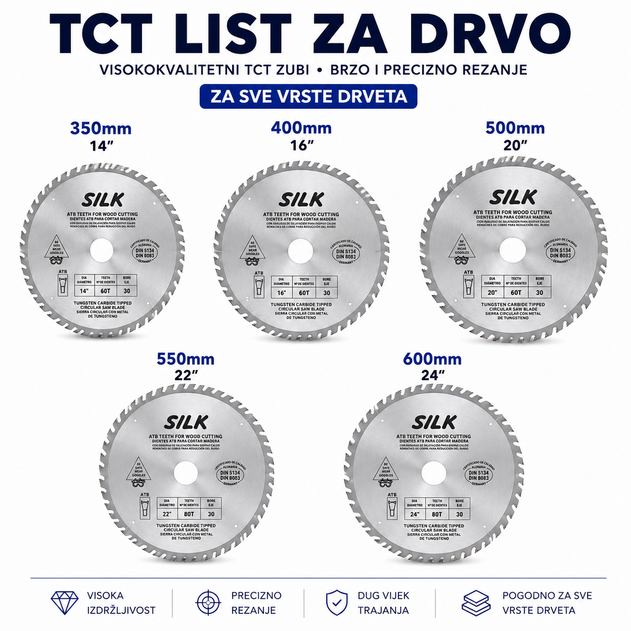 TCT Cirkularni List za Drvo | Dostupne Dimenzije 115–600 mm (4.5″–24″ inča)