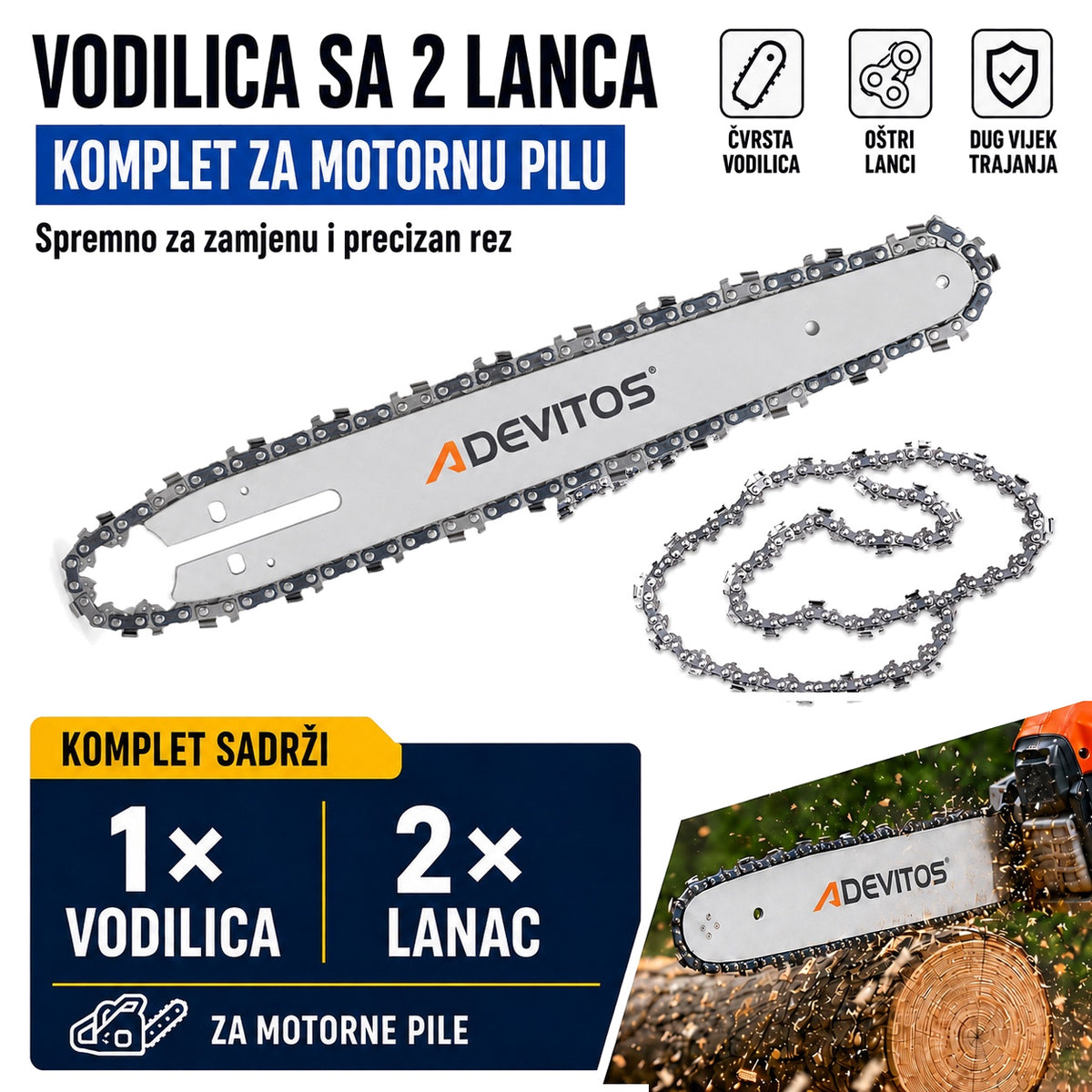 Set Vodilica za Motorku + 2 Lanca za Motornu Pilu