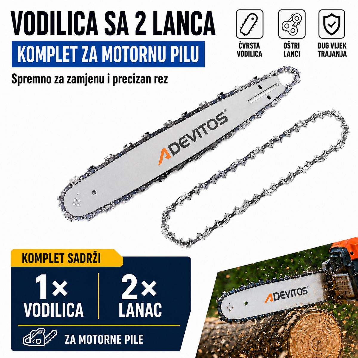 Set Vodilica za Motorku + 2 Lanca za Motornu Pilu