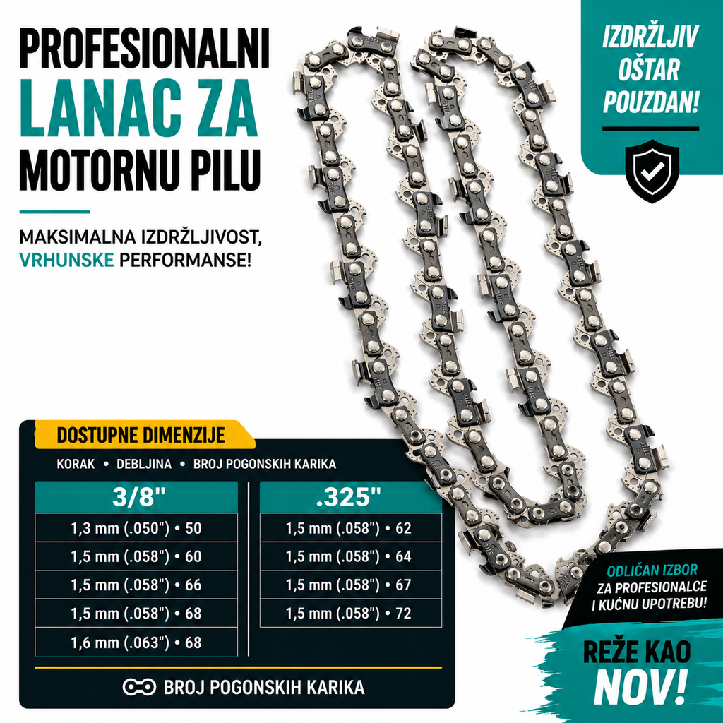 Lanac za motorku – Chisel četvrtasti zub, 3/8" i .325"