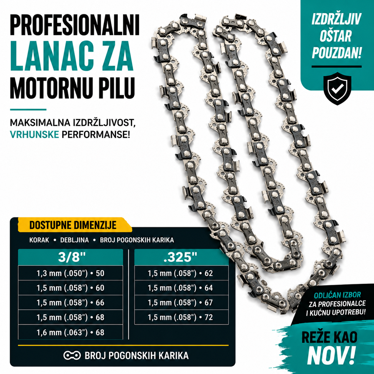 Lanac za motorku – Chisel četvrtasti zub, 3/8" i .325"