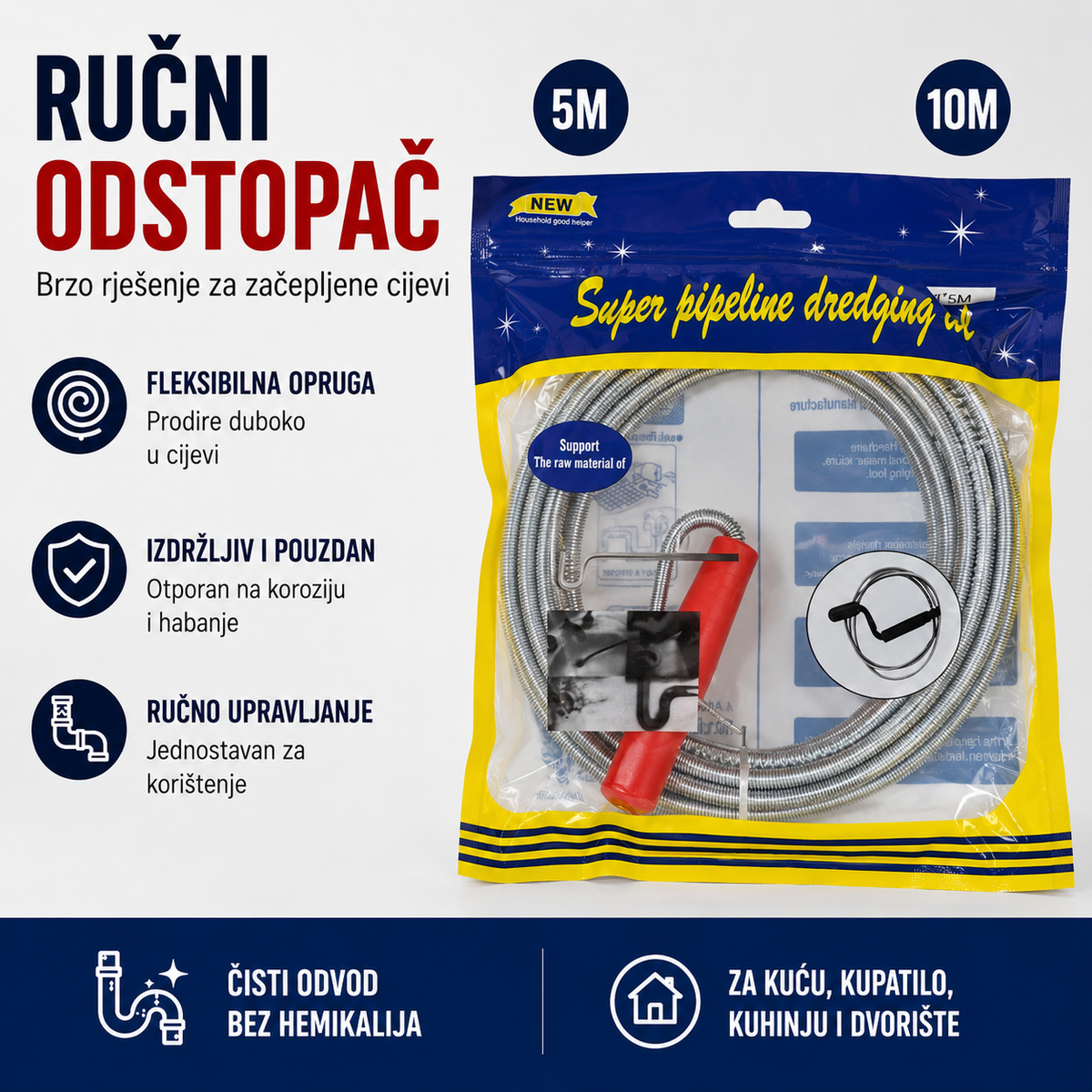 Ručni Odštopač Odvoda 5M / 10M – Sajla za Čišćenje Cijevi